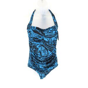 Smismivo Women;s Blue & Black Halter One-Piece Swimsuit Paisley Print Large NWT